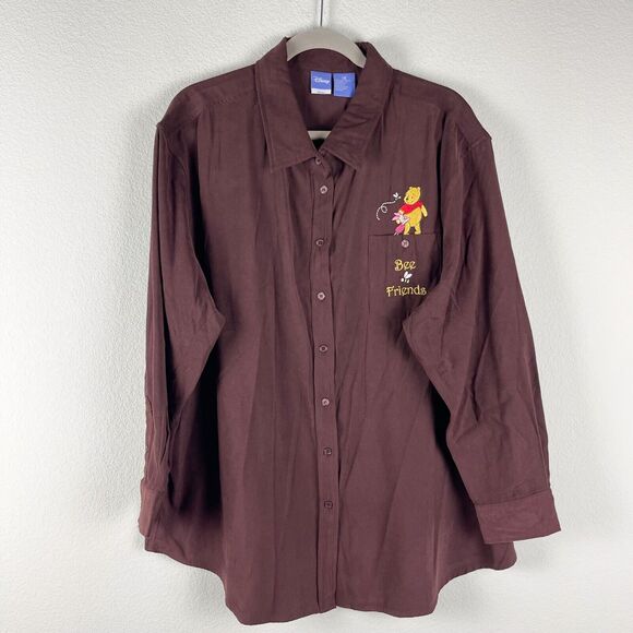 Disney Tops - Disney Winnie The Pooh Top Womens 1X Brown Button Up Piglet Bee Friends